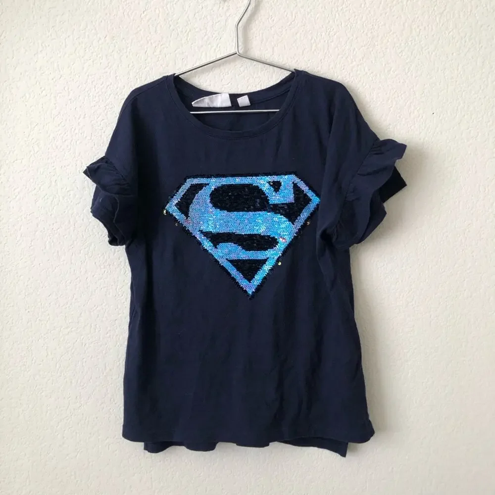 GAP x DC Comics reversible sequin Superman ruffle short sleeve tee navy blue